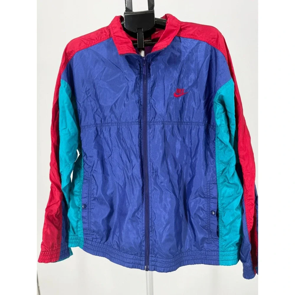 VTG 90's Nike Colorblock Windbreaker Jacket Red‎ Teal Full Zip Mens L Red Swoosh